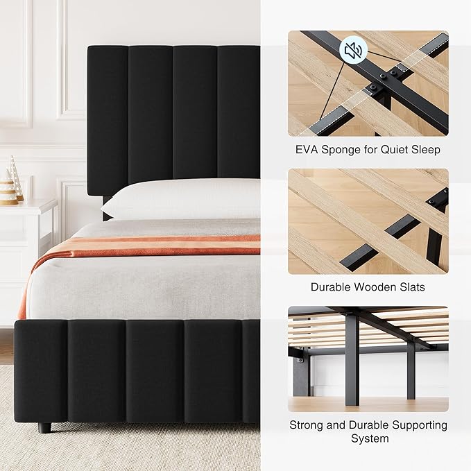 Garvee Full Size Bed Frame with 4 Storage Drawers, Adjustable Height Headboard, Linen Upholstered Platform Bed Frame, No Box Spring Needed, Easy Assembly, Black