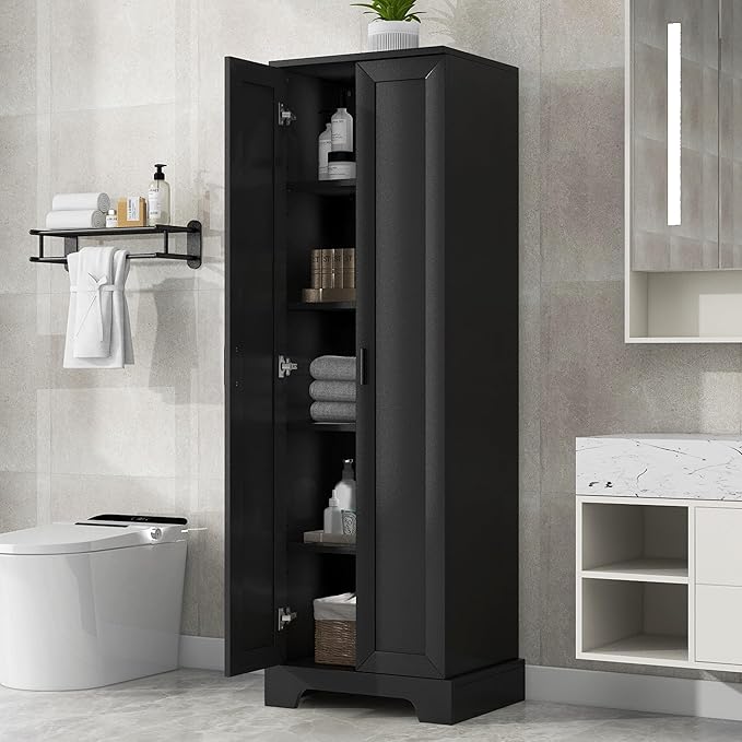 Tall Freestanding Storage Cabinet, Multi-Purpose Floor Organizer with 2 Doors & 5 Adjustable Shelves for Bathroom, Office, Living Room, Black