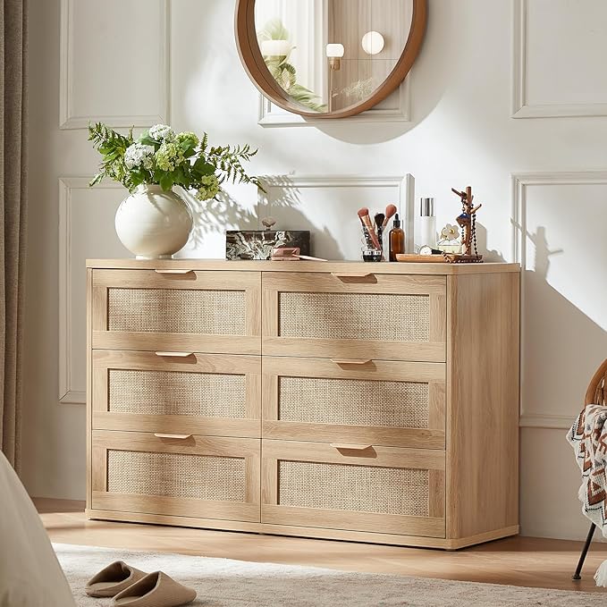 LEYAOYAO Rattan 6 Drawer Dresser for Bedroom, Boho 48" Wide Natural Wood Dresser Chest of Drawers, Dressers TV Stand with Metal Handle, Storage Dressers Closet Organizer for Living Room, Hallway