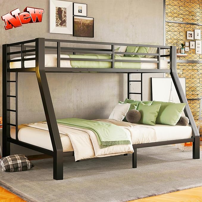 Higher Quality & Stronger Heavy Duty Steel Black Bunk Bed Twin XL Over Queen Size Bunkbed, Thickened More Stable Safer Metal Bunk Queen Bed (Easier to Assemble) (Twin XL Over Queen)