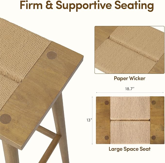 Thor Wicker Premium Solid Wood Counter Stool 24", Set of 2, Backless Counter Height Seating with Hand-Knitted Rope, Eco-Friendly Modern Design (Light Brown)