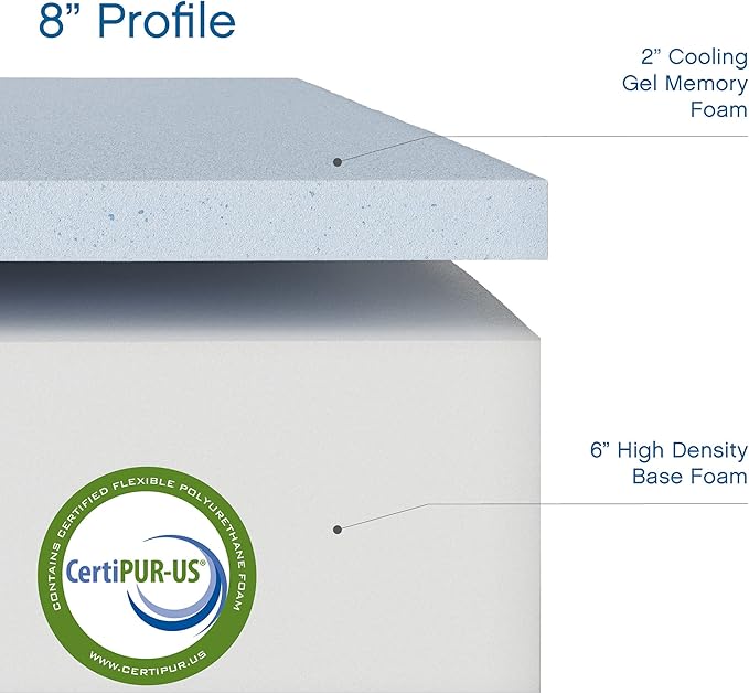 Cool Gel Twin XL Mattress 8 Inch Memory Foam Medium Firm, Gel Memory Foam Mattress Twin XL Cooling, Made in the USA, 8" Depth with Pressure Relief, CertiPUR-US Certified Fiberglass Free, Bed
