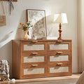 LEYAOYAO Rattan 6 Drawer Dresser for Bedroom, 48" Wide Boho Chest of Drawers, Wooden Dressers TV Stand with Metal Handle, Storage Closet Organizer for Living Room, Hallway, Tea Brown