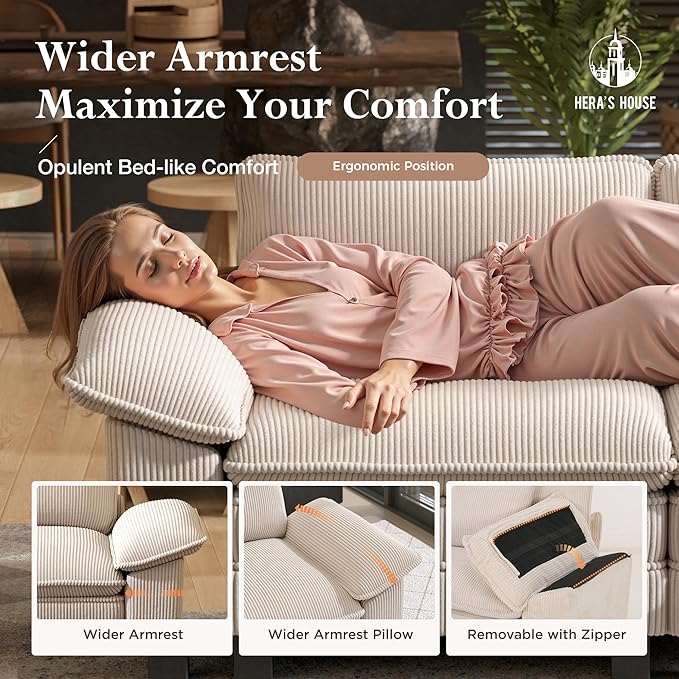 HERA'S HOUSE 88" Modular Sectional Sofa, L Shaped Couches for Living Room, Comfy Cloud Couch with Ottoman, 3-Seater Deep Seat Sofa with Throw Pillow, Corduroy Beige