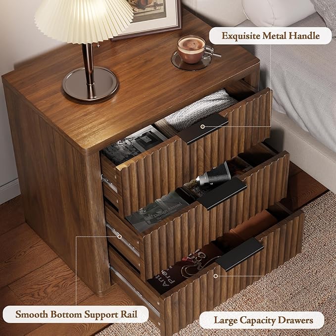 Night Stand with 3 Drawers, 23" Wide Modern Nightstand with Large Storage, Fluted Bed Side Table with Metal Handle, End Table Tall Nightstand for Bedroom, Living Room, Office, Walnut
