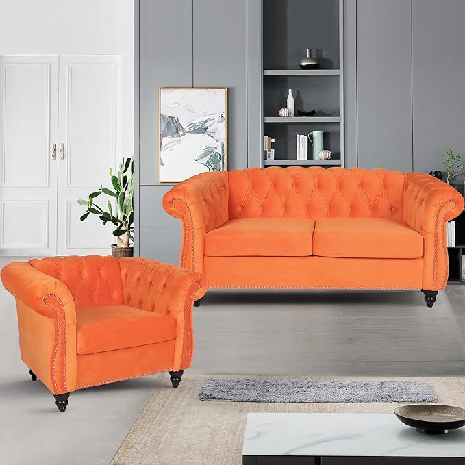Velvet Loveseat Sofa, Mid Century Modern Upholstered Couch, 62" Oversized Comfy 2 Seater Love Seat Couch with Cushions, Tufted Chesterfield Sofa for Living Room, Bedroom, Apartment (Orange)