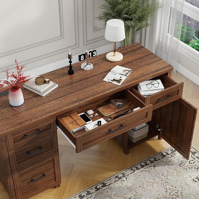 Farmhouse 61'' Executive Desk with 5 Drawers, Rustic Office Desk Computer Desk with Charging Station, File Drawers and Storage Cabinet, Wood Workstation for Study and Home Office, Red-Brown.