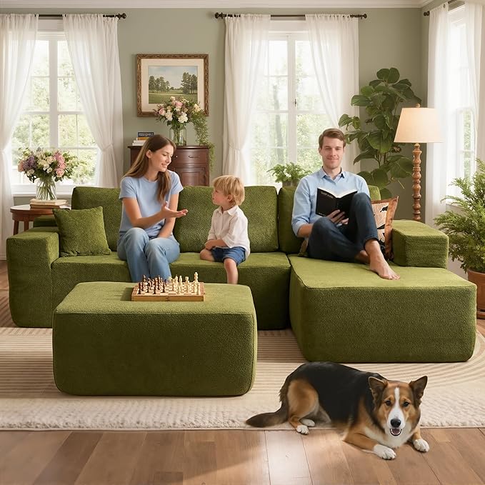 106" Cloud Sectional Couch with L-Shape Chaise & Ottoman, No Assembly Modular Sofa, Deep Seat Corduroy Boneless Couched for Living Room (Green Cloudy Velvet, Right Facing Chaise with Ottoman)