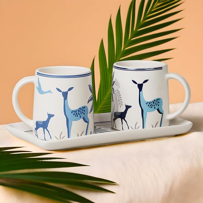 Ceramic Coffee Mugs with Handle Set – 2-Piece 11 Oz Ceramic Coffee Cups & 9" Tray, Handmade White Color, Microwave Safe Gift Set for Tea Lovers, Home Kitchen Décor