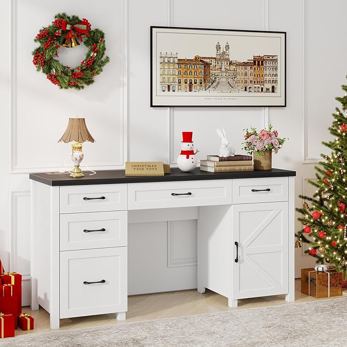 Farmhouse 61" Executive Desk with 5 Drawers,Rustic Office Computer Desk with Charging Station,File Drawers and Storage Cabinet, Wood Workstation for Home Office and Study, Black.