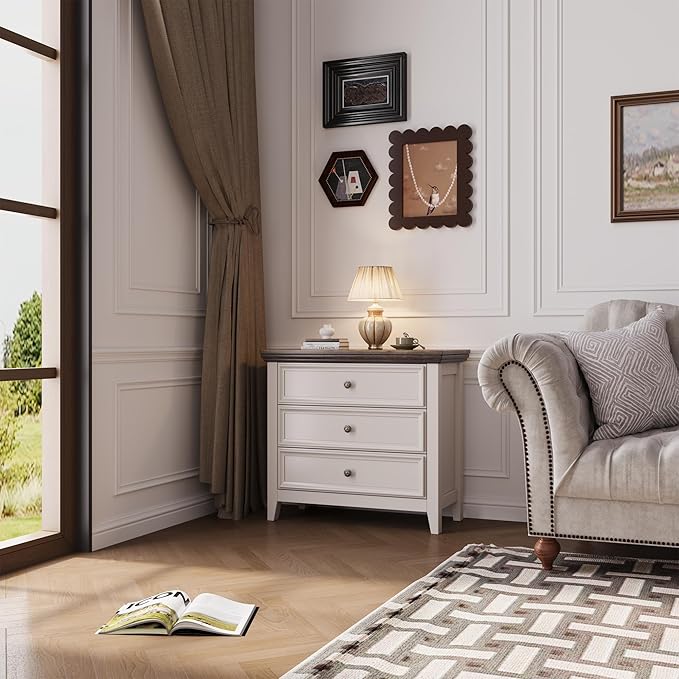 Farmhouse 3-Drawer Dresser for Bedroom - 31.5" Wide 3 Chest of Drawers Storage Cabinet as Nightstand or Bedside Dresser（Antique White & Brown）