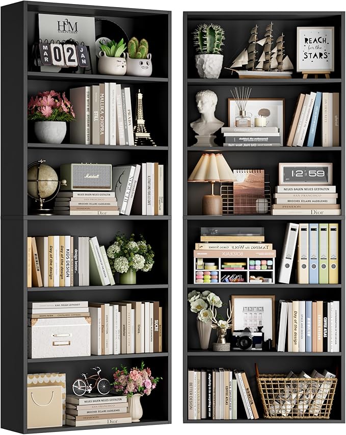 FOTOSOK 70.8" Tall Bookcase Shelf, 6 Tier Wide Bookshelf with Storage, Billy Bookcase Set of 2, Large Bookshelf for Living Room, Home Office, Black