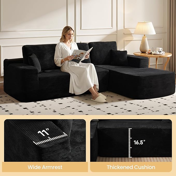 104" Cloud Sectional Couch with Chaise, Boneless L-Shaped Cloud Couch with Deep Seat, Corduroy Modern Minimalist Sofa, Assembly Free Comfy Sofa for Office Living Room Apartment(Black, Right Chaise)