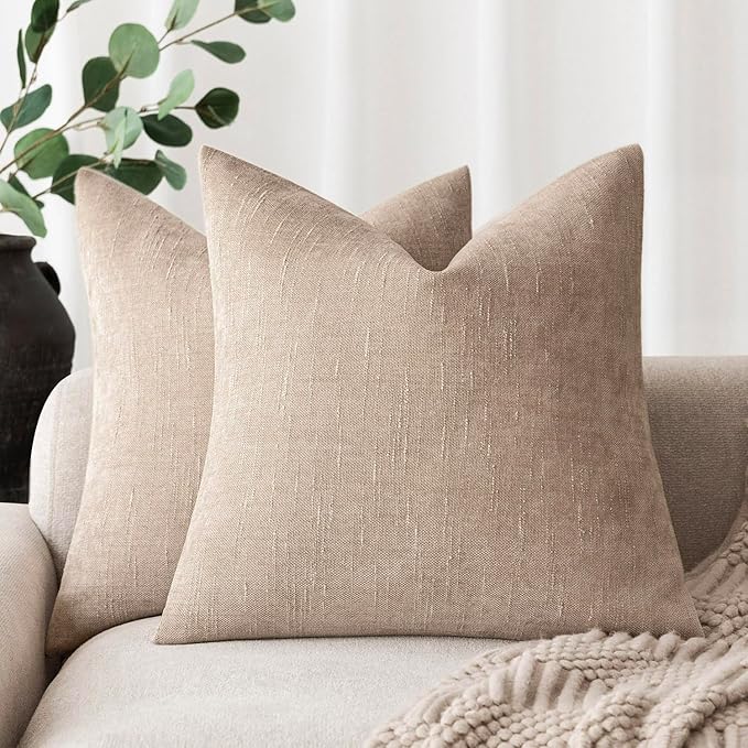 Foindtower Set of 2 Soft Textured Chenille Throw Decorative Pillow Covers Square Accent Solid Cushion Cover Cozy Neutral Farmhouse Pillow Case for Couch Sofa Bedroom Living Room 22x22 Inch,Cream Camel