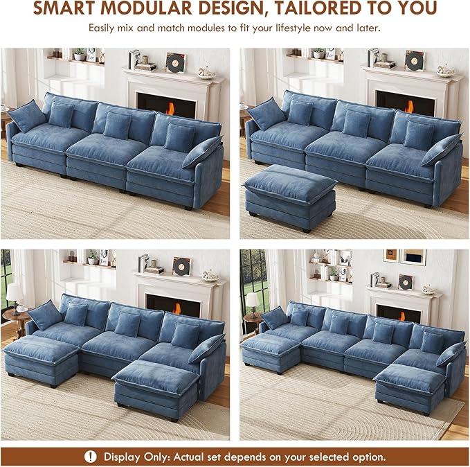 WorthFurni 111.4” Modular Sectional Sofa, U Shape Cloud Couch with 2 Movable Ottoman, Comfy Chenille Deep Seat Sofa with Soft Pillows for Living Room Apartment (Blue)