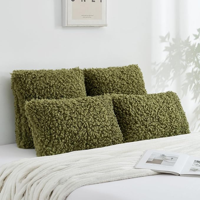 FUTEI Olive Green Decorative Throw Pillow Covers 22x22 Inch Set of 2,Soft Fluffy Faux Wool Fur Boucle Textured Cushion Case,Modern Home Decor for Couch Bed Living Room Office
