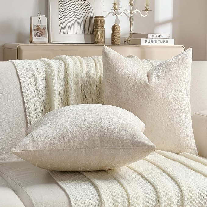 FUTEI Cream Flannel Throw Pillow Covers 20x20 Inch Set of 2,Soft Dimensional Textured Cushion Cases,Modern Home Decor for Couch Living Room