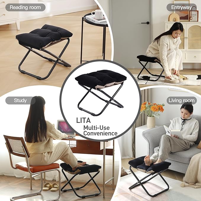 LITA Folding Footrest Stool, Portable Ottoman Foot Rest, Upholstered Small Foldable Ottoman with Detachable Thick Cotton Cushion Padded Sofa Stool for Living Room, Bedroom, Velvet Black Set
