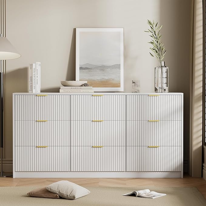 White Dresser for Bedroom, Modern 9 Drawer Dresser with Smooth Slides and Gold Handles, Wide Bedroom Chest for Living Room, Closet, 63" W x 15.7" D x 31.5" H