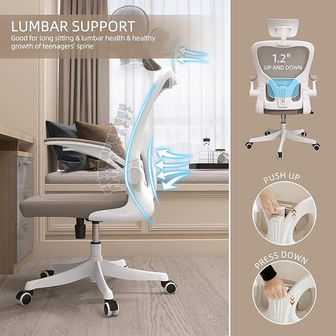 Monhey Office Chair Ergonomic Desk Chair with Lumbar Support&Headrest&Flip-up Arms Height Adjustable Rocking Swivel High Back Computer Chair Warm Taupe Mesh Study Chair (02White+Khaki)