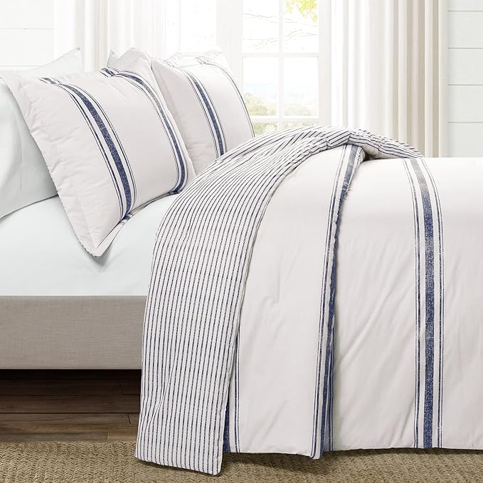 Lush Decor Farmhouse Stripe Reversible Cotton Comforter Set, 3 Piece Set, California King, Navy - Cozy Farmhouse Bedding Set - Rustic Decor - Striped Comforter - Modern Farmhouse Bedroom Decor