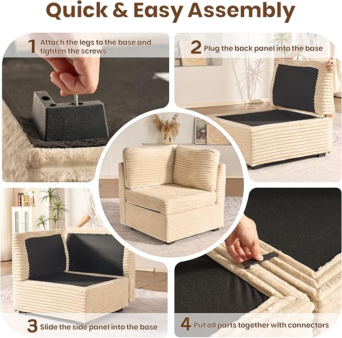 130'' Modern Modular Sectional Sofa with Ottoman, 7 Pieces L Shaped Cloud Couch for Living Room, Oversized Deep Seat Convertible Sofa Set, Plush Corduroy Beige