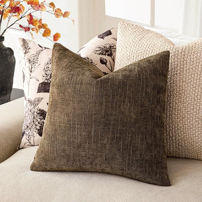 Foindtower Pack of 2 Soft Textured Chenille Throw Decorative Pillow Covers Square Accent Solid Cushion Cover Neutral Farmhouse Pillow Case for Couch Sofa Bedroom Living Room 22x22 Inch,Taupe Brown