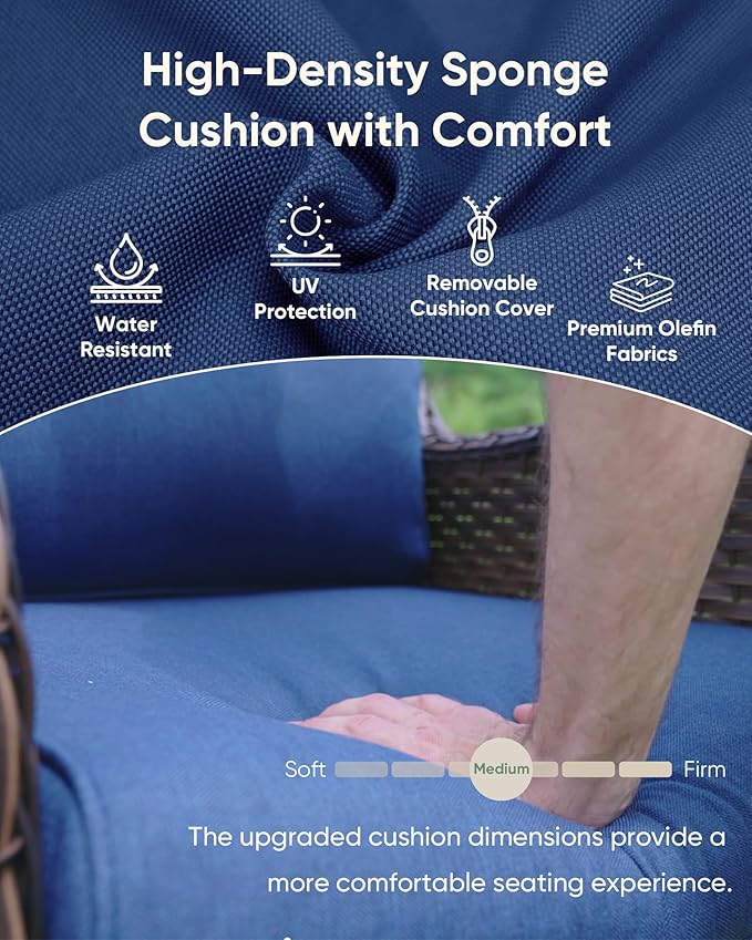 HUMMUH 6-Piece Outdoor Wicker Patio Furniture Set with Swivel Glider Chairs, Loveseat & Ottomans 5” Olefin Cushions Ergonomic Neck-Lumbar Backrest All-Weather Rattan for Garden, Deck, Porch