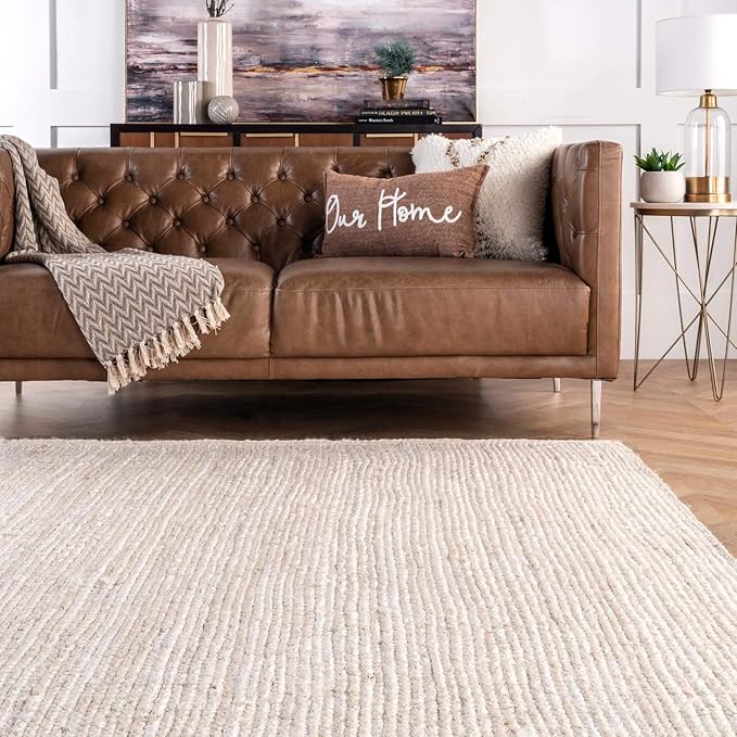 nuLOOM 10 Square Rigo Jute Hand Woven Area Rug, Off White, Solid Farmhouse Design, Natural Fiber, For Bedroom, Living Room, Dining Room, Hallway, Office, Kitchen, Entryway
