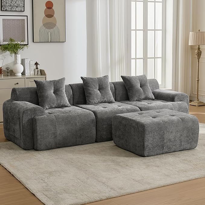 101.65” Modular Sectional Couch for Living Room, Modren L-Shape Cloud Sectional 3-Seater Sofa with Movable Ottoman, Woven Texture Upholstery Boneless Couch, No Assembly Grey