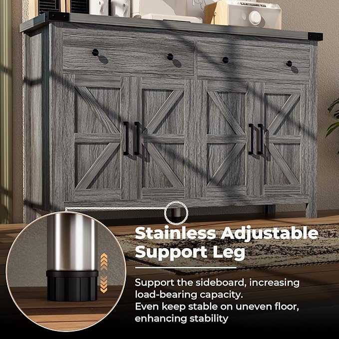 55" Sideboard Buffet Cabinet with Storage, Coffee Bar Cabinet with 2 Drawers and 4 Barn Doors, Long Storage Cabinet Modern Farmhouse, Grey Wood, for Kitchen, Dining Room, Living Room