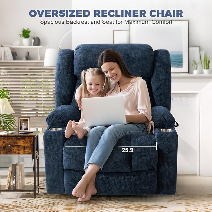 HUSFU Oversized Power Lift Recliner Chairs for Elderly with Massage and Heat, Wide Recliners Chair,Upgraded Chenille Lift Chairs w/Cup Holders, USB & Type-C Ports,Blue,2PCS