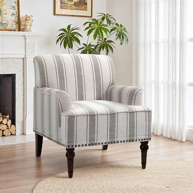 Pia Ricco Stripe Accent Chairs 2 Pack - Modern Nailhead Trim Armchairs with Wood Legs, Comfy Living Room Bedroom Home Office Seating-Brown