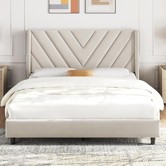 Yaheetech Full Bed Frame Upholstered Platform Bed with Wing Side Tufted Headboard/Sturdy Wooden Slat Support/No Box Spring Needed/Mattress Foundation,Beige Full Bed