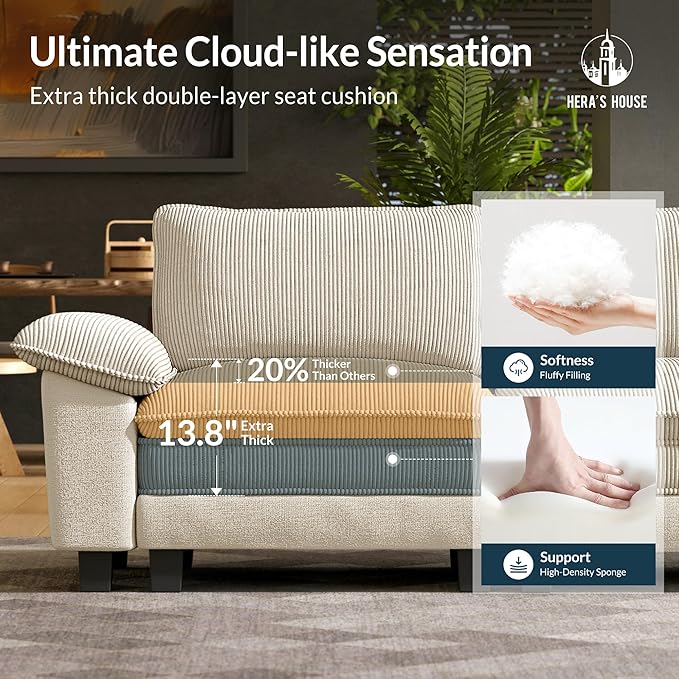 HERA'S HOUSE Modular Sectional Sofa, 88" L Shaped Cloud Couch with Ottoman and Throw Pillow, Mixed Fabric Sleek Couches for Living Room, Beige