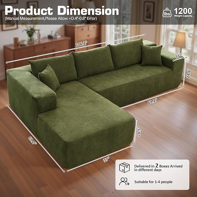 106" Cloud Sectional Couch with Chaise Lounge,L Shaped Modular Modern Sofa,Comfy Velvet Fluffy Couches with Deep Seat,No Assembly Required Couch for Living Room (Left,Cloudy Velvet,Green)