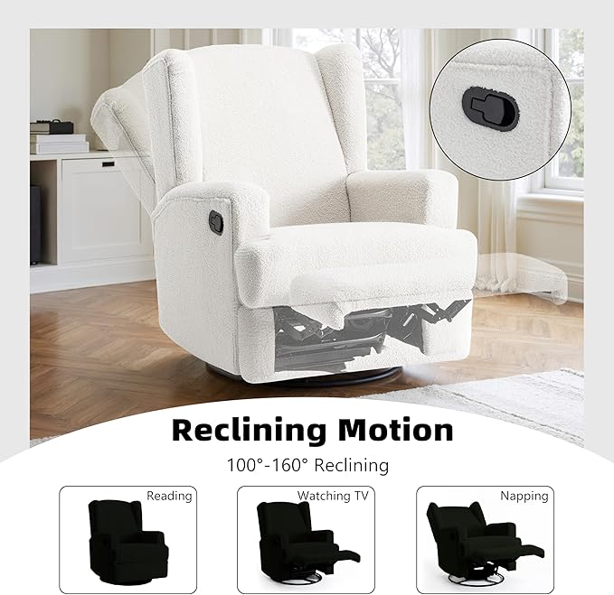Boucle Swivel Glider Recliner Chair for Adults - Plush High Back Rocker with Deep Seat, Manual Reclining Upholstered Armchair for Living Room or Nursery, Textured Fabric Accent Chair-White