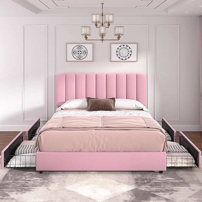 VECELO Full Size Upholstered Bed Frame with 4 Drawers and Headboard, Velvet Platform Storage Bedframe, Wooden Slats Support, No Box Spring Needed,Pink
