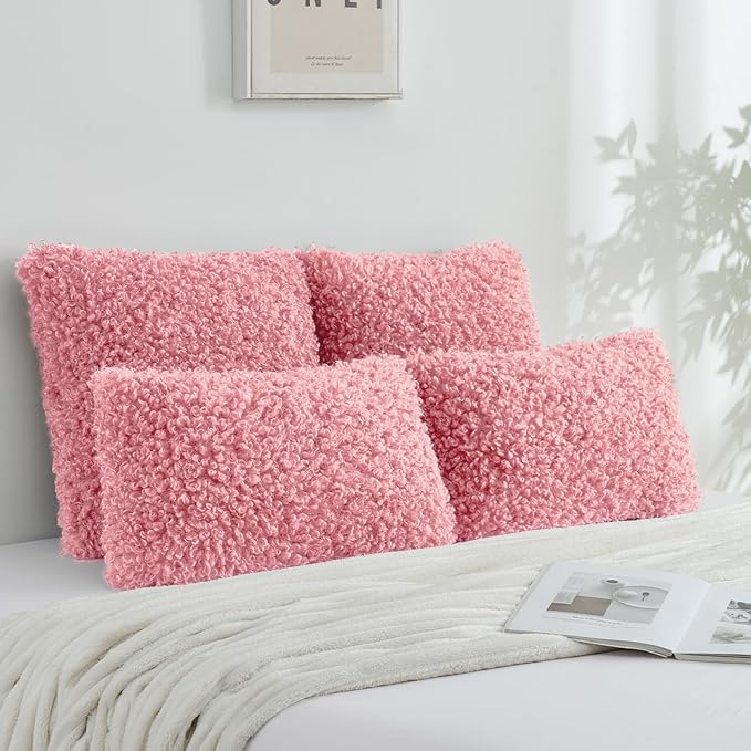 FUTEI Pink Decorative Throw Pillow Covers 18x18 Inch Set of 2,Soft Fluffy Faux Wool Fur Boucle Textured Cushion Case,Modern Home Decor for Couch Bed Living Room Office