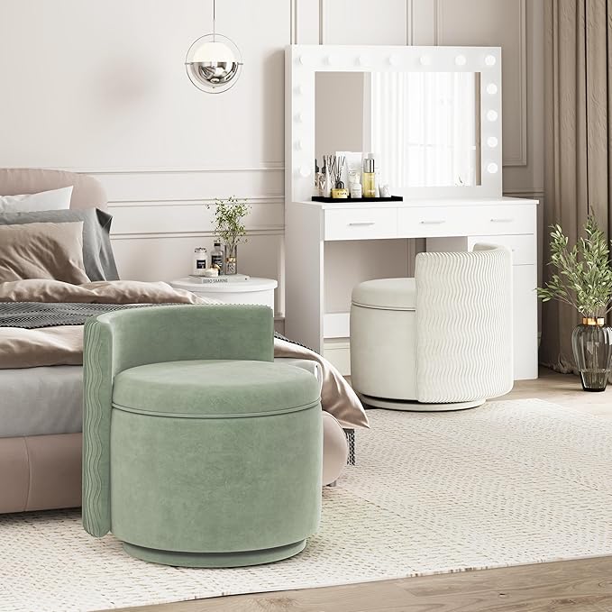 360° Swivel Accent Chair with Storage, Vanity Stool with Back, Velvet Storage Ottoman, Upholstered Round Barrel Vanity Chair for Living Room, Makeup Room, Bedroom (Green)