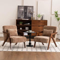 Mid-Century Modern Accent Chair Set of 2 with Solid Wood Frame，Upholstered Chenille Living Room Arm Chairs with Pillow for Bedroom, Living Room, Reading Room, Balcony, Brown