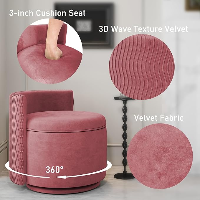 360° Swivel Accent Chair with Storage, Vanity Stool with Back, Velvet Storage Ottoman, Upholstered Round Barrel Vanity Chair for Living Room, Makeup Room, Bedroom (Dusty Rose)