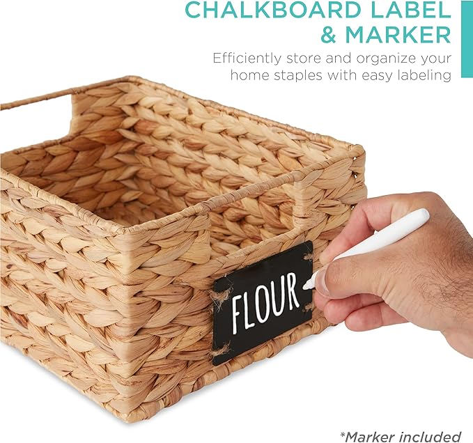 Best Choice Products Set of 4 9x12in Water Hyacinth Pantry Baskets, Woven Organizers w/Chalkboard Label, Chalk Marker - Natural