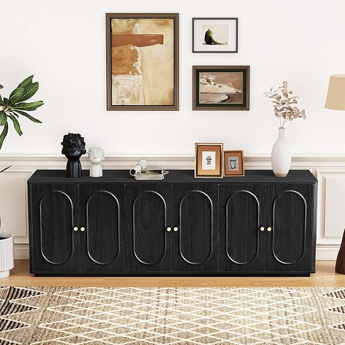 63'' Fluted Sideboard Buffet Cabinet with Storage and 6 Doors, Low Storage Cabinet Modern Wooden Accent Credenza Console Table for Kitchen Dining Living Room Entryway, (63"W*15.75"D*21.4"H) Black