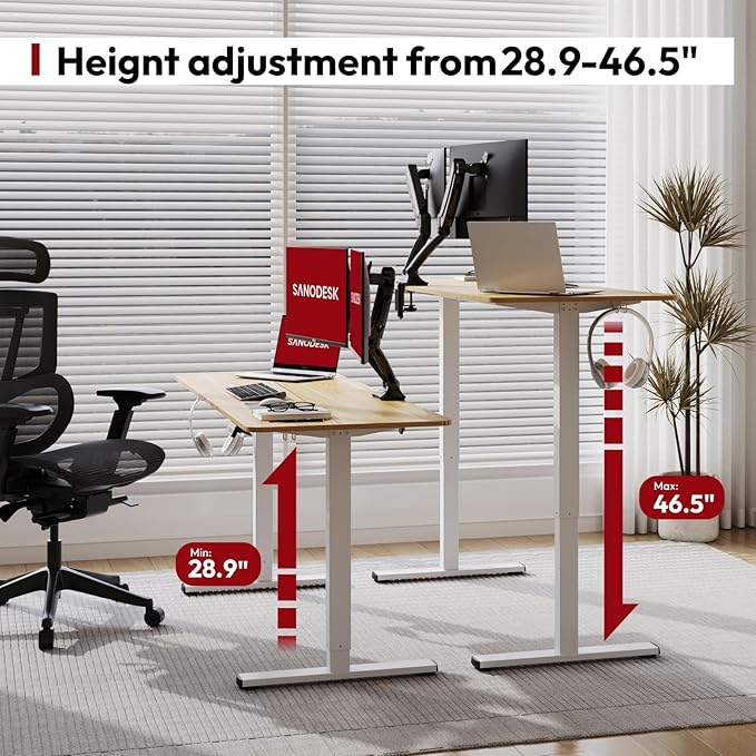 SANODESK Electric Standing Desk 63x24 Inch Height Adjustable Stand Up Desk Home Office Computer Workstation Sit Stand Home Office Desk with Splice Board (White Frame + Maple Top)