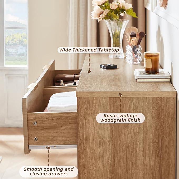 LEYAOYAO Fluted 6 Drawers Dresser Set of 2, 48" Wide Modern Chest of Drawers with Woodgrain Top, Curved Profile Design, Dresser TV Stand, Wooden Drawer Organizer for Bedroom, Living Room, Hallway,Wood