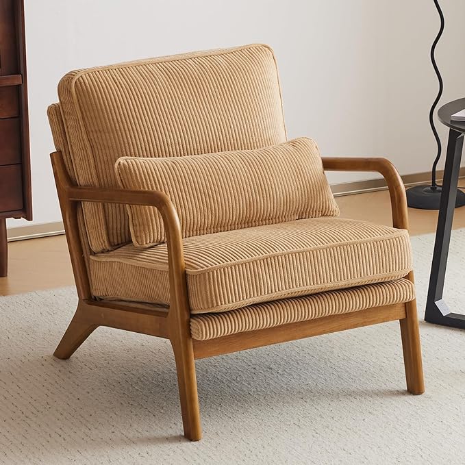 VINGLI Upgraded Premium Corduroy Accent Chair,Upholstered Arm Chair,Solid Wood Comfy Reading Chair with Lumbar Pillow, Mid Century Modern Chairs for Living Room,Bedroom,Guest Room,Khaki