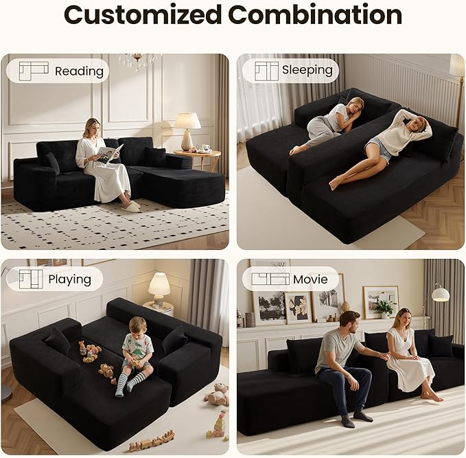 104" Cloud Sectional Couch with Chaise, Boneless L-Shaped Cloud Couch with Deep Seat, Corduroy Modern Minimalist Sofa, Assembly Free Comfy Sofa for Office Living Room Apartment(Black, Right Chaise)