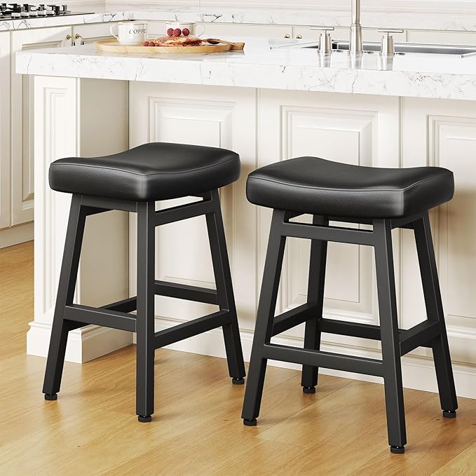 Counter Height Bar Stools Set of 2, 24 Inch Barstools for Kitchen Counter, Kitchen Stools with Bonded Leather Saddle Seats & Heavy Duty Metal Legs, Easy Assembly, All Black