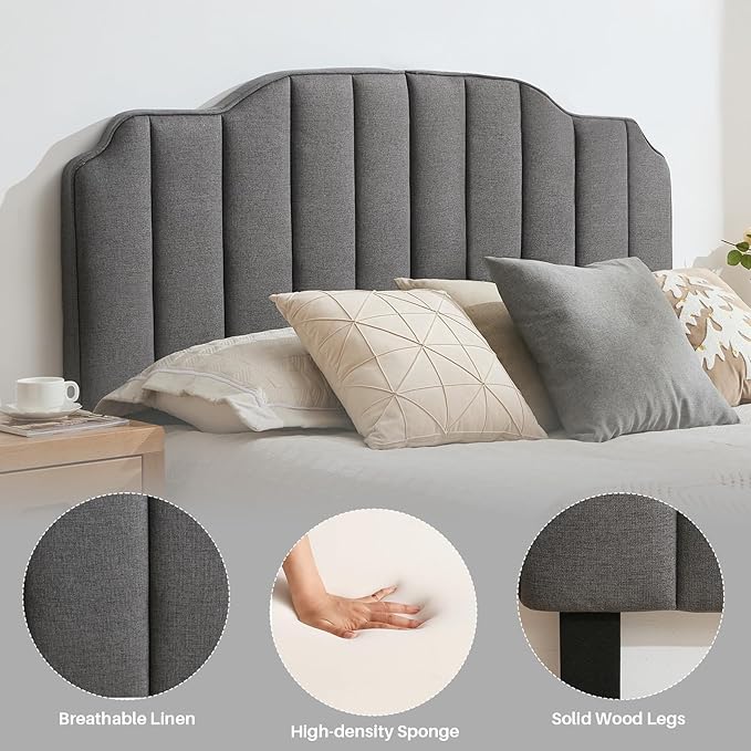 King Size Headboard Dark Gray Upholstered Headboard Adjustable Height&Width Linen Headboards Modern Vertical Channel Design Bed Head Board, Dark Gray
